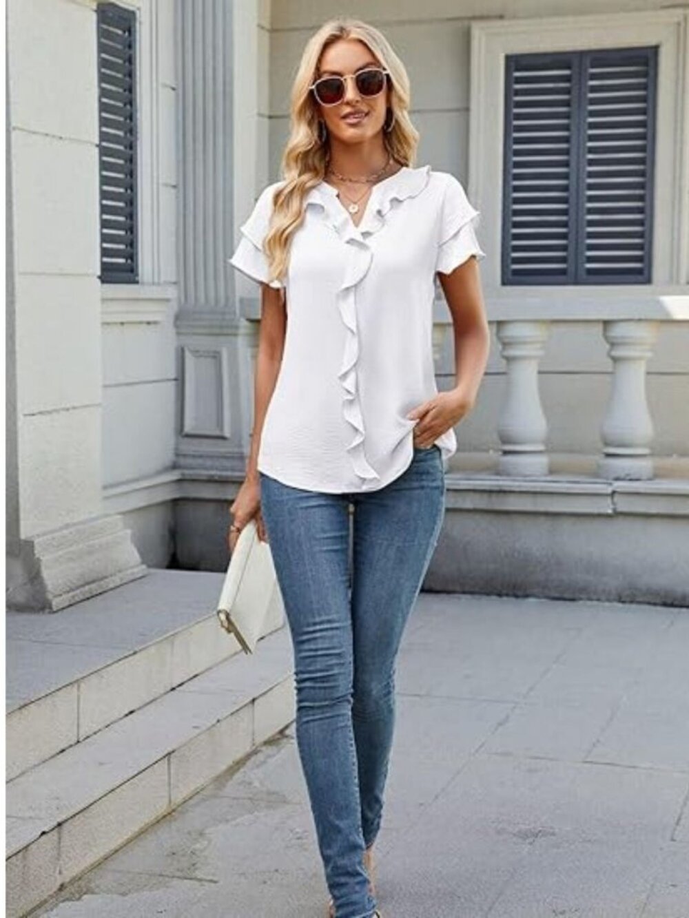 Large White Ruffle Front Short Sleeve Tiered V Neck Chiffon Blouse - Picture 2 of 7